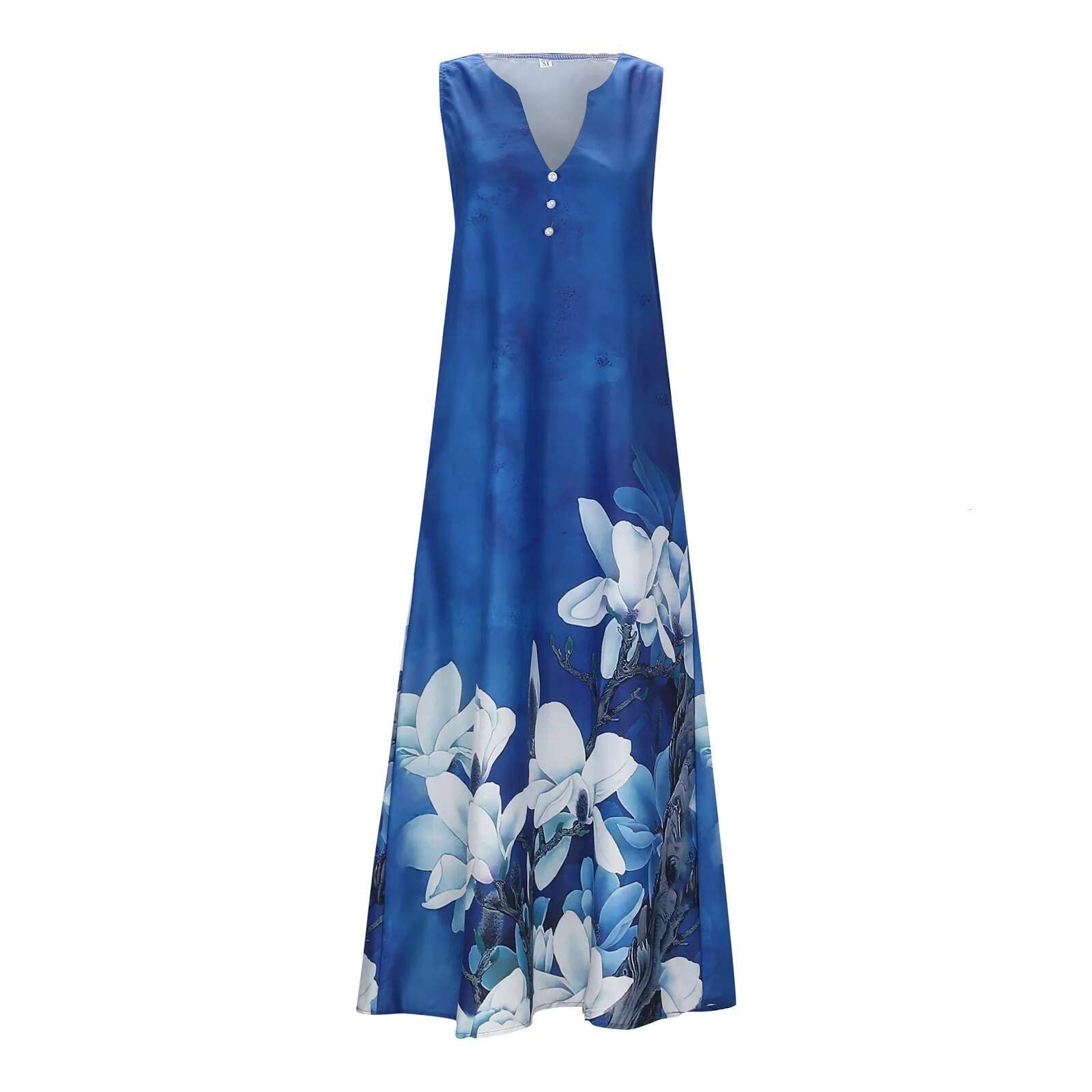 Dongdumaoyi Summer Sleeveless A Line Floral Dress Women Sexy V Neck Blue Loose Midi Pockets Casual Beach Long Dresses Robe