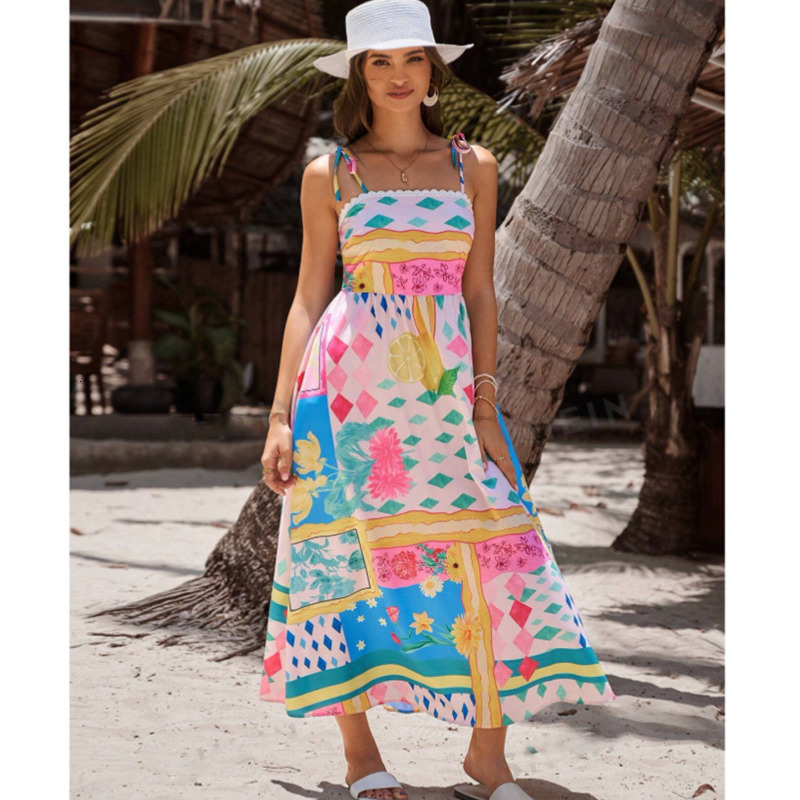 Beach Resort Dresses: Women's Bohemian Summer Dress - Tropical Printed Long Skirt for Casual Beachwear, Leisure, and Vacation Style C260312