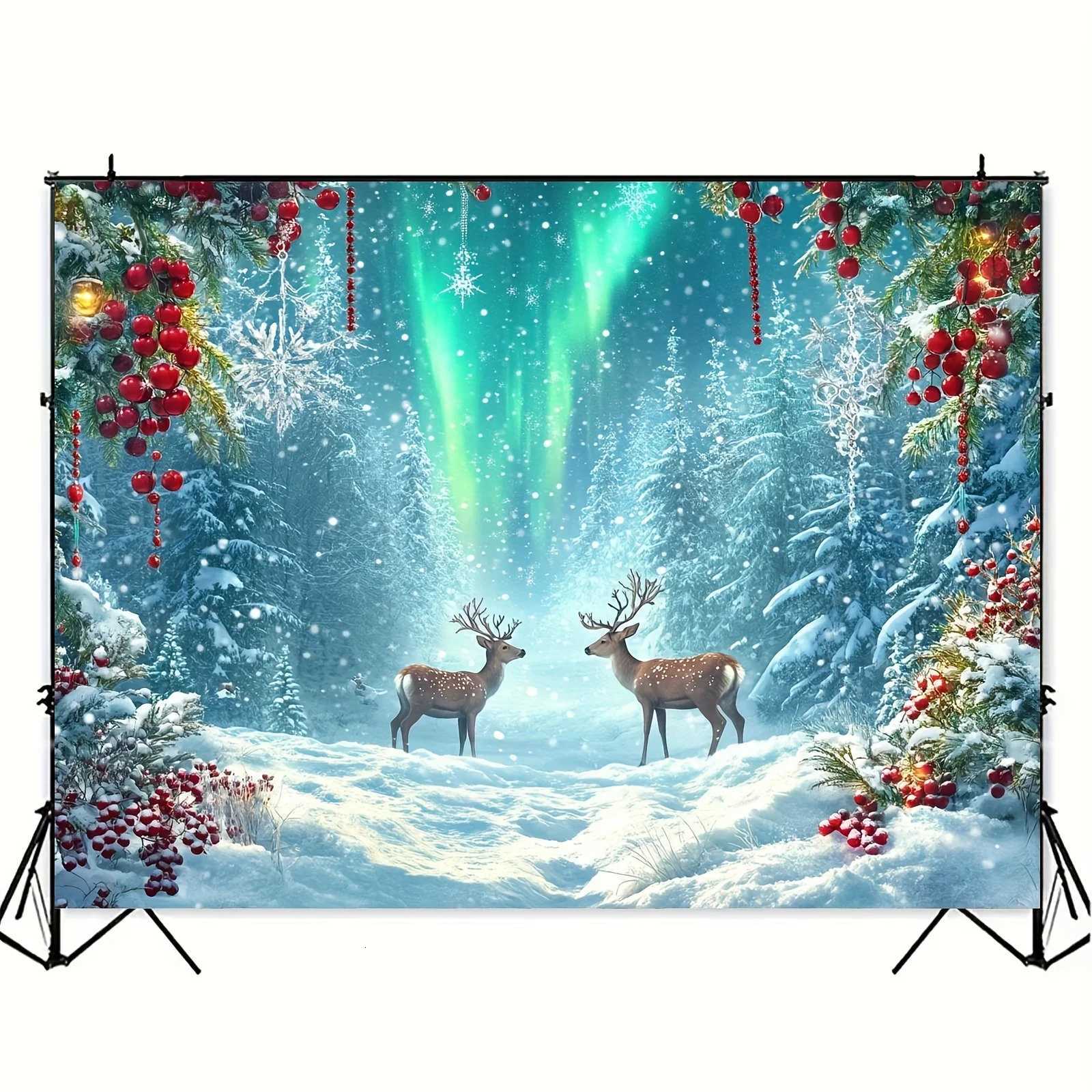 1pc Extra Large Winter Snow Scene Wall Tapestry - Northern Lights Aurora Borealis Backdrop with Two Deer Red Green OrnamentsM251125