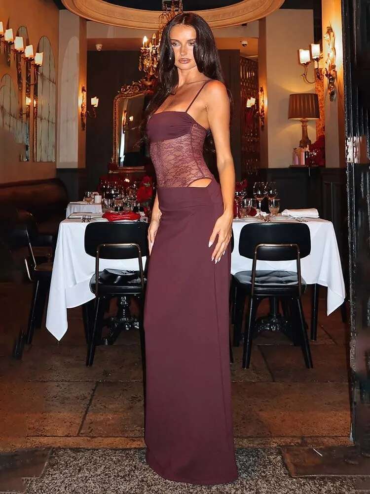 Dongdumaoyi Townlike Lace Patchwork Maxi Long Slim Bodycon Dress Women Spaghetti Strap Spring Summer Nightclub Sexy Party Dresses
