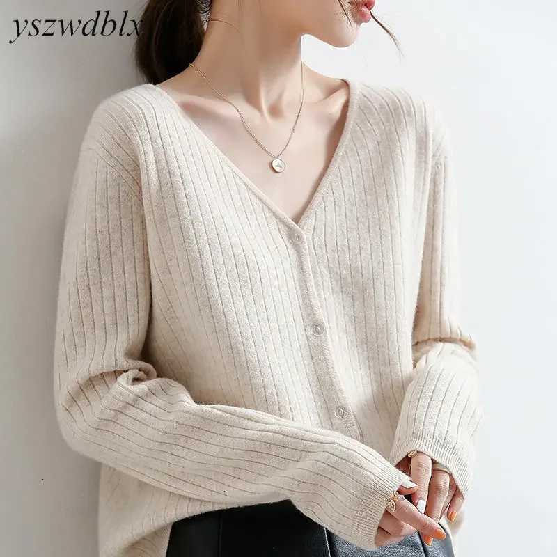 YSZWDBLX Women Cardigans 2025 Solid V-neck Knitted Autumn Winter Long Sleeve Sweater Korean Fashion Loose Fit Woman CardiganT251125
