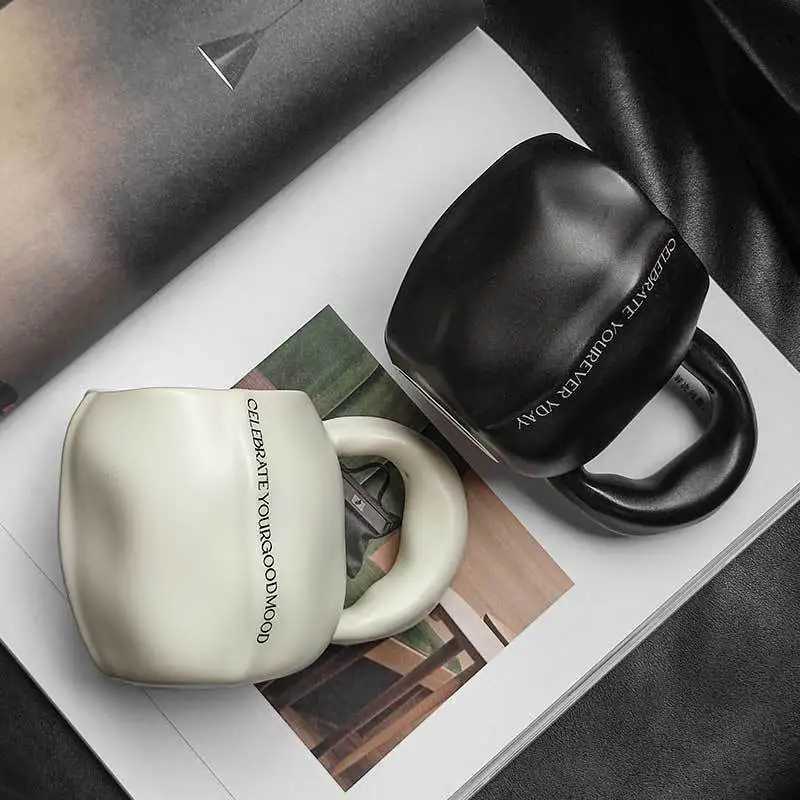 Simple Matte Black White Ceramic MugsOffice Coffee Milk Couple CupsHome Text Pattern MugIrregularity DrinkwareHoliday Gifts Y251125