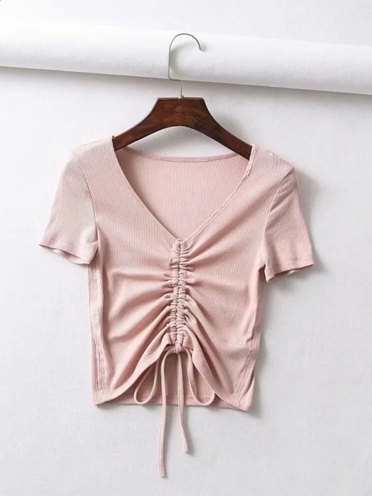 Sexy V-neck Cropped Tank Tops Womens Drawstring Tie Up Front Camis Candy Colors Streetwear Slim Edge Crop Top 250422