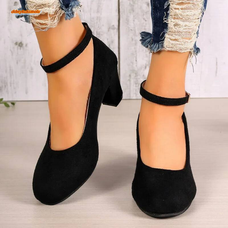 Autumn New Thick Heels Women's Black One-line Buckle Shallow Mouth Woman Single Pumps Suede Large Size Work Shoes ddmykukumalu