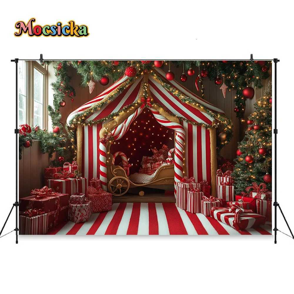 Christmas Candy Cane Tent Background Photography Xmas Gifts Sleigh Pine Tree Gift Backdrop Decor Kids Indoor Winter PhotoboothM251125