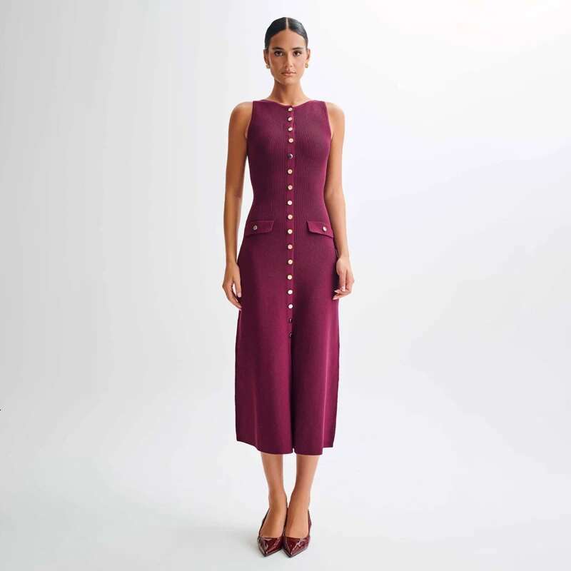 Knitted Long Dress For Women Elegant Sleeveless Button Maxi Sweater Bodycon Dresses Female Party Fashion Vestidos 2024 N