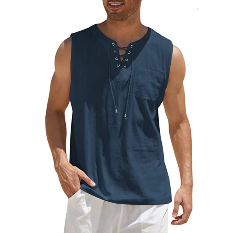 1 piece of summer mens casual shirt without pleats vest with lace retro V-neck fashionable loose shirt mens solid color vest 250422