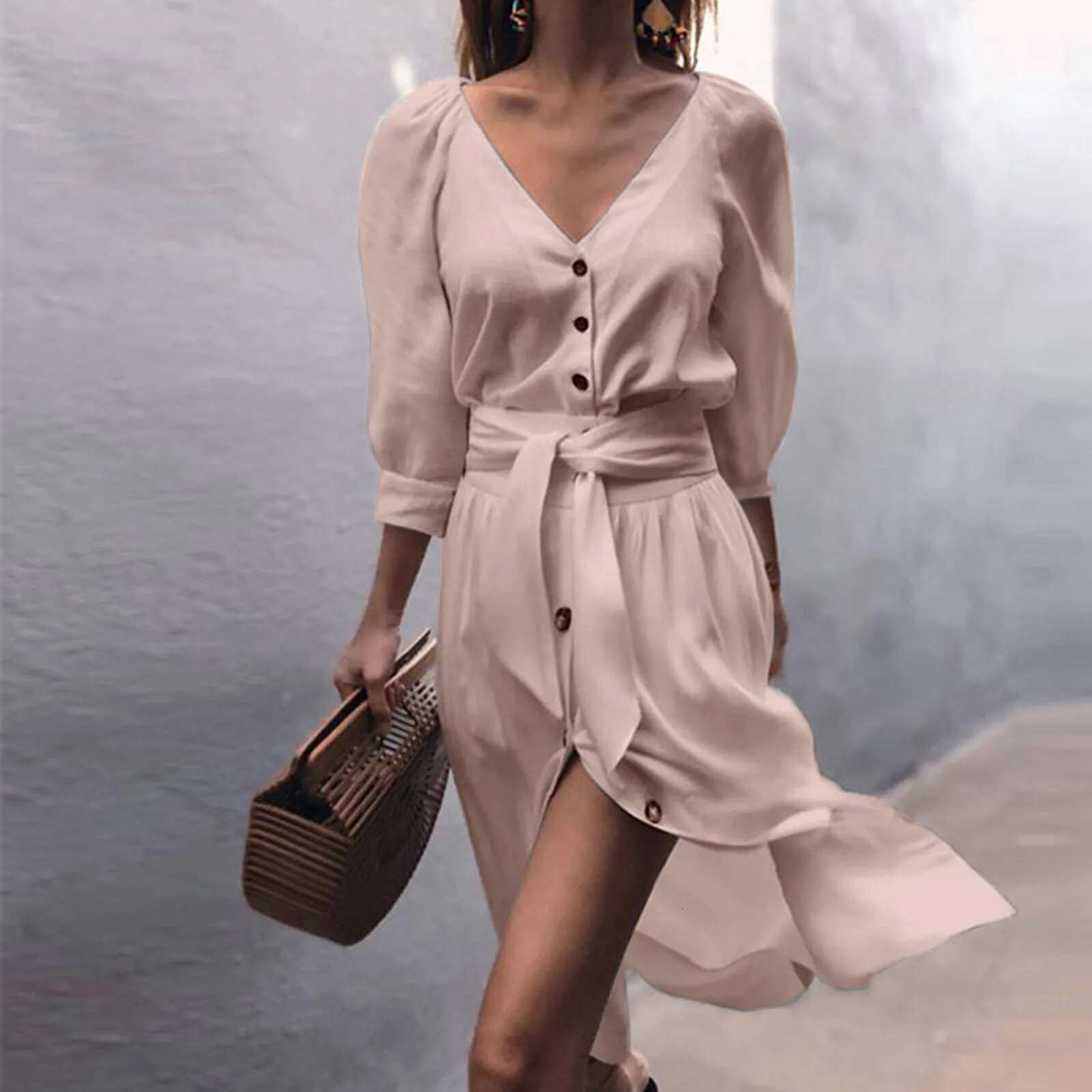 Dongdumaoyi Spring Summer New Dresses Women S Clothing Solid Color Fashion Sexy V Neck Long Single Breasted Dress Vestidos