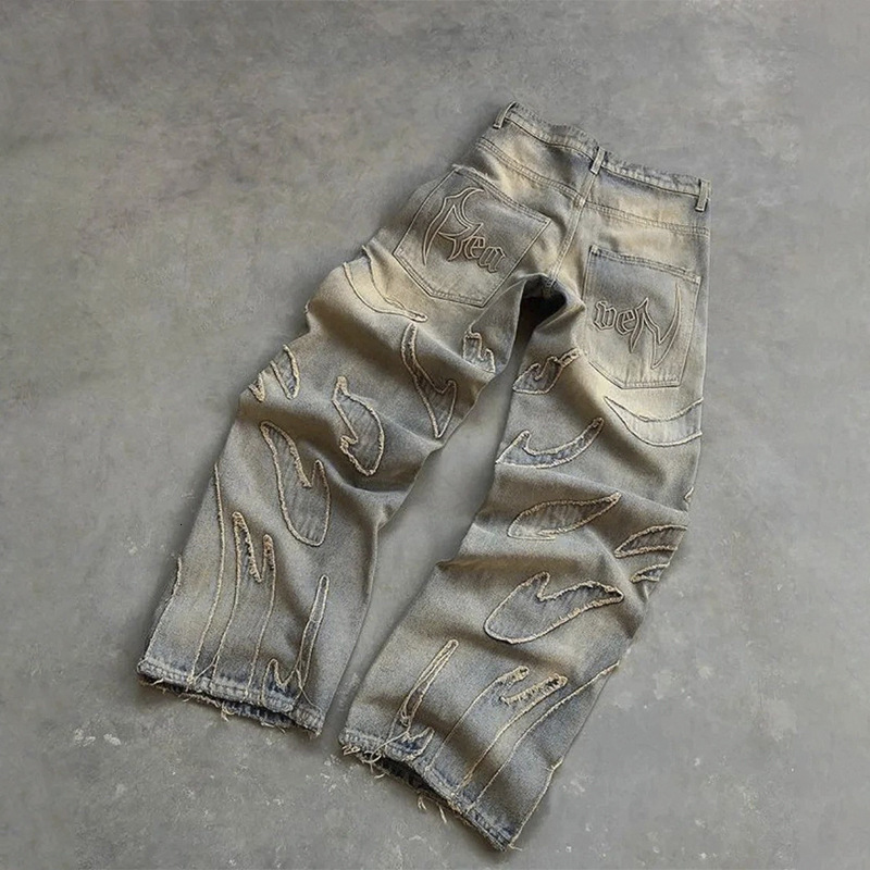 derschutze American Style Embroidered Straight Pants Unisex Versatile Personality Street Jeans Trendy 251112