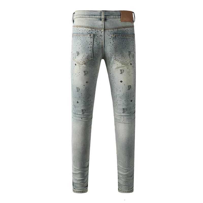 Fashion New Arrivals American High Street Distressed Blue Skinny Rhinestones Letters Button Fly Jeans Pants Y251124