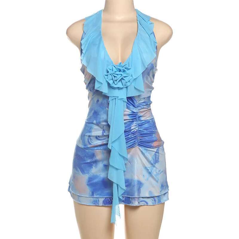 Dongdumaoyi Townlike Mesh Patchwork Print Slim Bodycon Dress Women Halter Mini Spring Summer Ruffles Nightclub Sexy Party Dresses