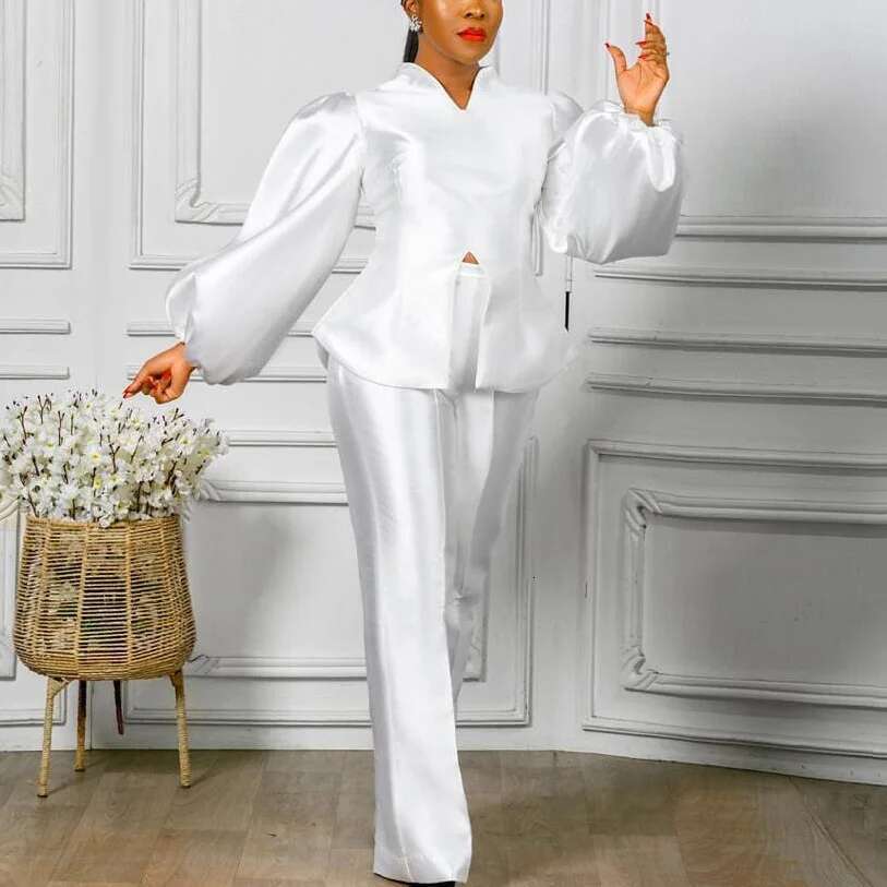 Elegant Office Ladies 2 Pieces Pants Solid Satin Blouse & Long Trousers Straight High Quality Female Outfits Sets
