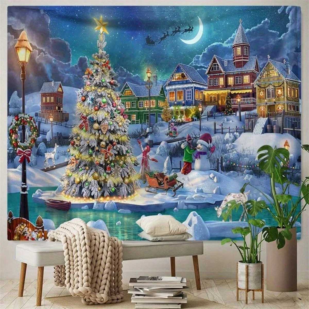Christmas Snow Village Tapestry Multiple Sizes 2D Print Santa Sleigh Street Lights Cozy Scene Polyester Wall Art Living RoomM251125