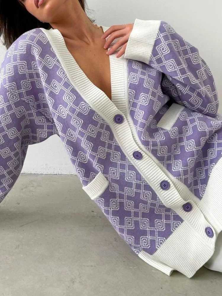 Womens Korean Fashion Oversize Knit Cardigan Jacquard Contrast Loose Mid-Length Cardigan Coat for Autumn/Winter 2025T251125