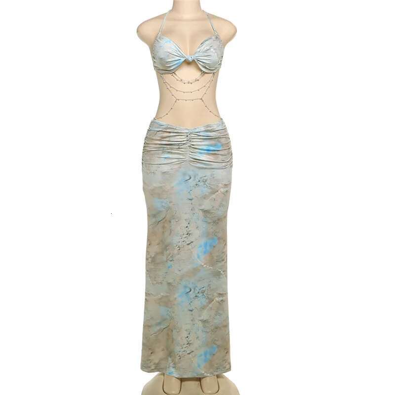 Dongdumaoyi Townlike Print Maxi Long Dress Women Halter Strapless Spring Summer Chain Backless Nightclub Sexy Party Dresses