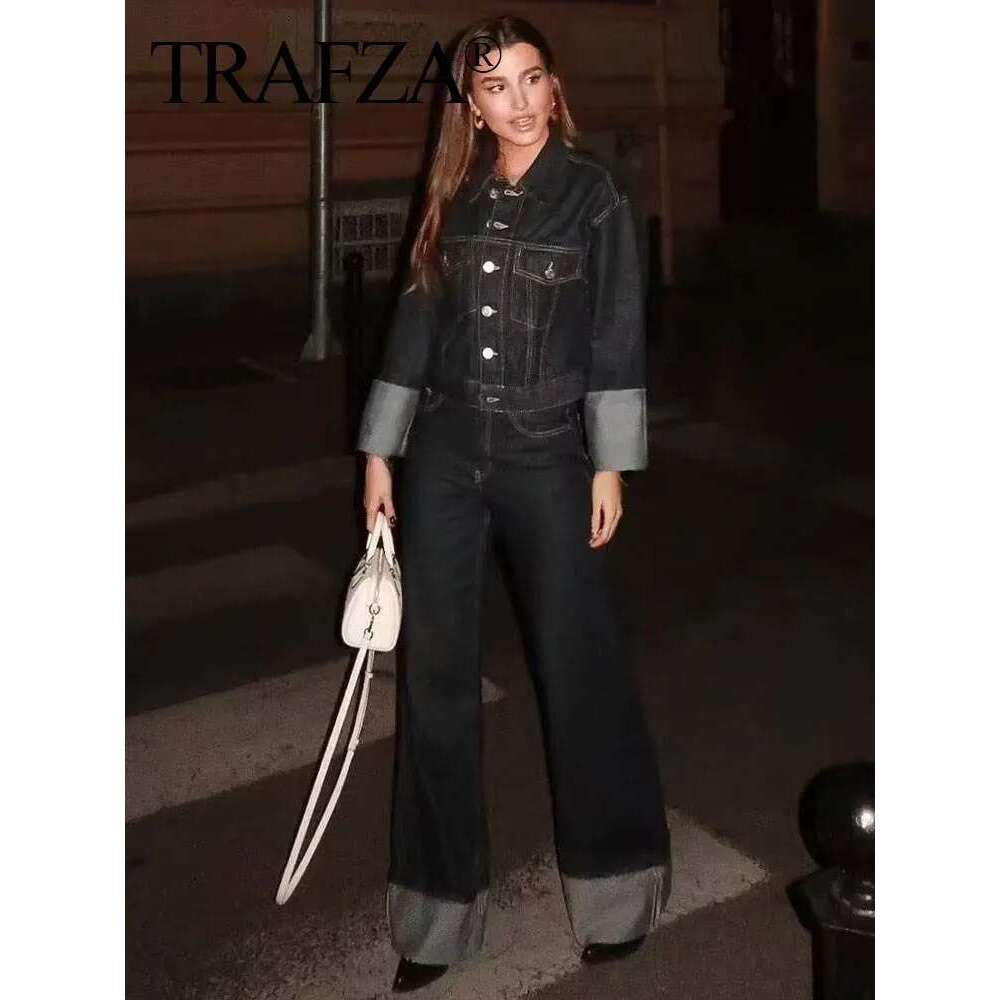 TRAFZA 2024 Autumn Female Vintage Denim Suit Long Sleeve Single Breasted Lapel Coat+High Waist Wide Leg Jeans Street Fashion Set