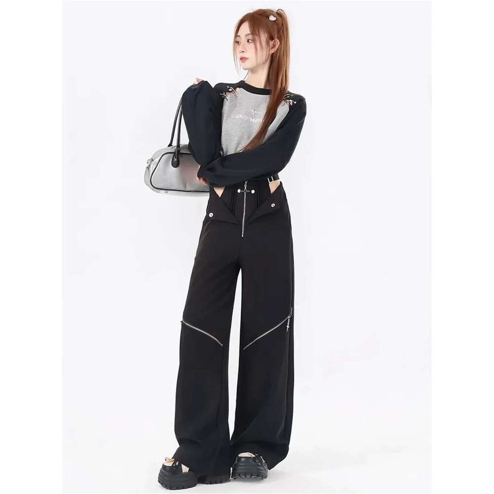 Y2k Summer Black Cargo Pants Women Original Retro Multi Zip Pocket Two Wear Design Drawstring Casual Oversized Trousers