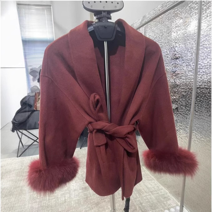 Elegant Lace Up Woolen Coat Women Solid Loose Lapel Furry Belt Long Sleeve Short Jacket Autumn Winter Lady Cardigan Outwear 251020