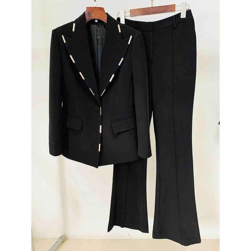 HIGH STREET Newest 2024 Designer Runway Suit Women's Single Button Metal Block Blazer Flare Pants Set
