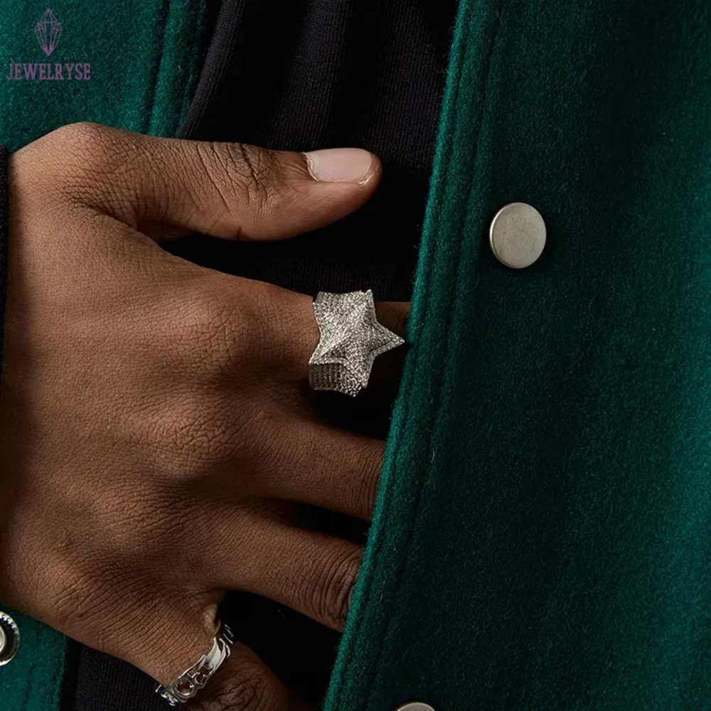 Customized fashion sterg sier star shape VVS moissanite dia ring top quality for Hip hop Mens life