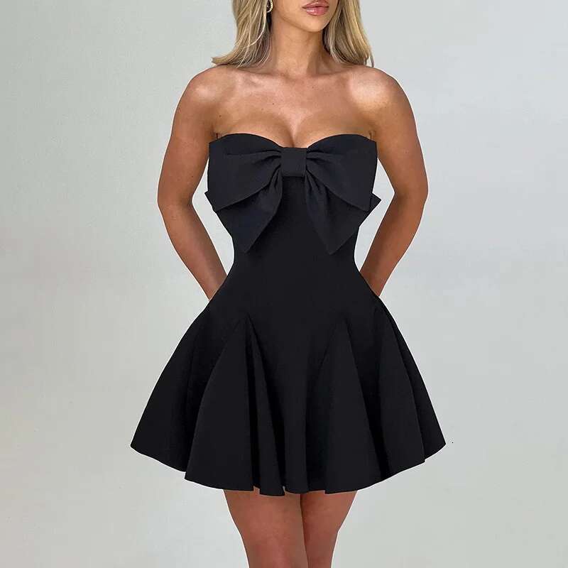Dongdumaoyi Townlike Elegant Bow Waist Wrap A Line Dress Women Strapless Mini Summer Backless Nightclub Sexy Party Dresses