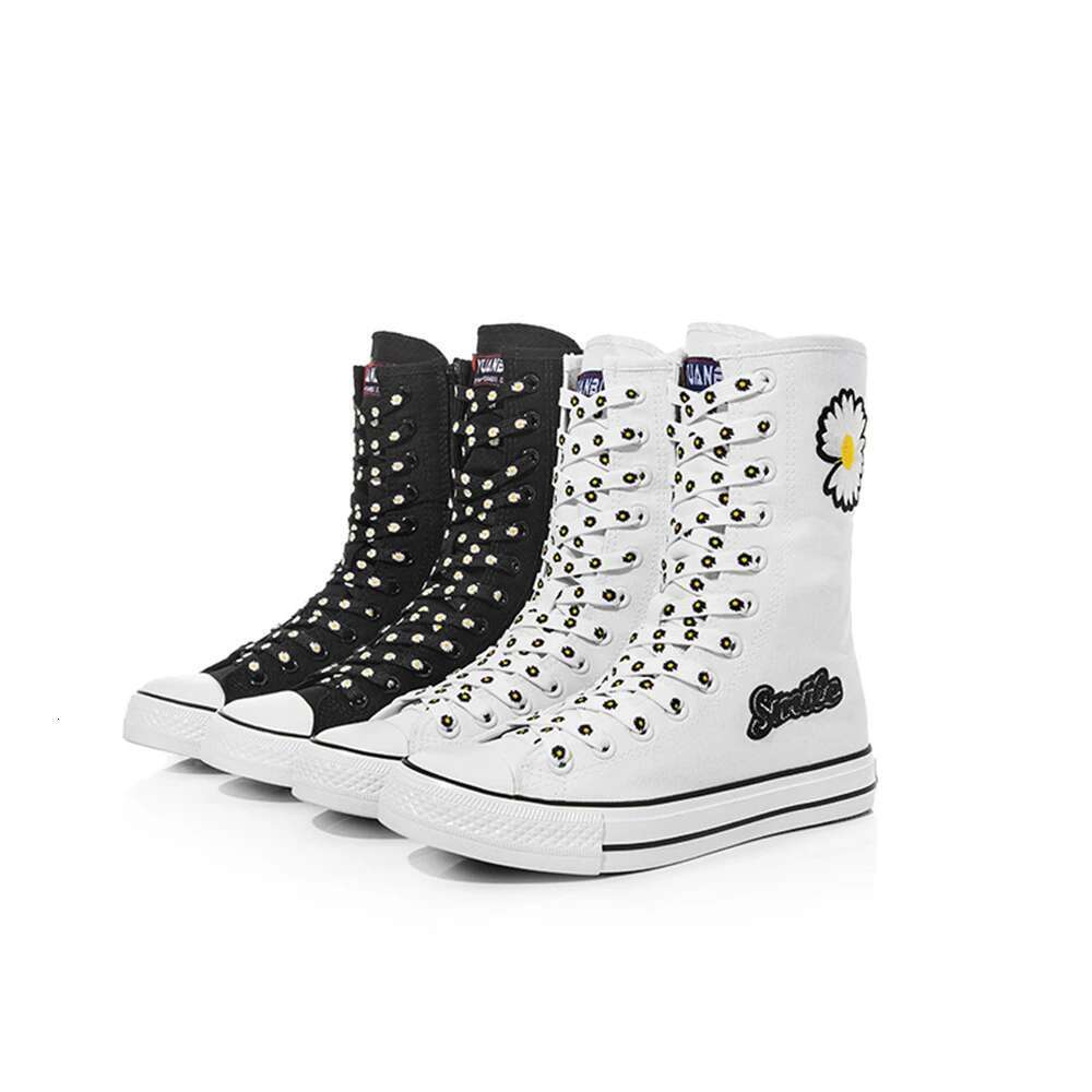 Spring and Autumn New Style Medium Embroidery Inner Heightening Casual Straps Knee Boots Soft Sole Flat Large Canvas Women Shoes