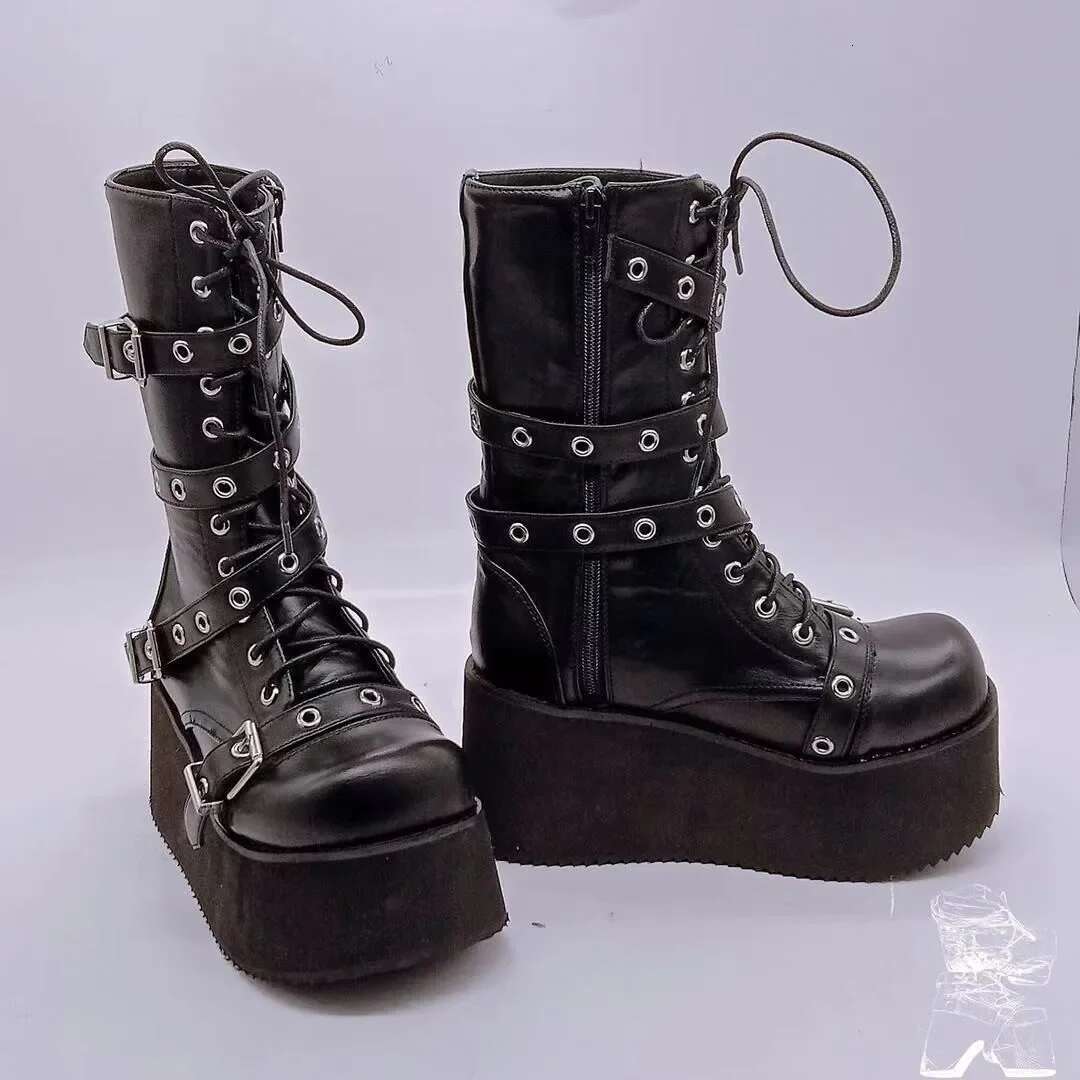 Plus Size 43 Autumn Buckle Round Toe Wedges Platform Punk Goth INS Street Shoes Combat Boots For Women