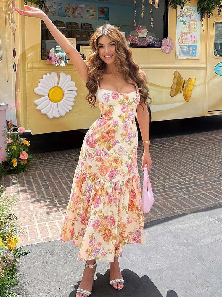 Dongdumaoyi Townlike Print Bodycon A Line Dress Women Spaghetti Strap Summer Midi Long Strapless Nightclub Sexy Party Dresses