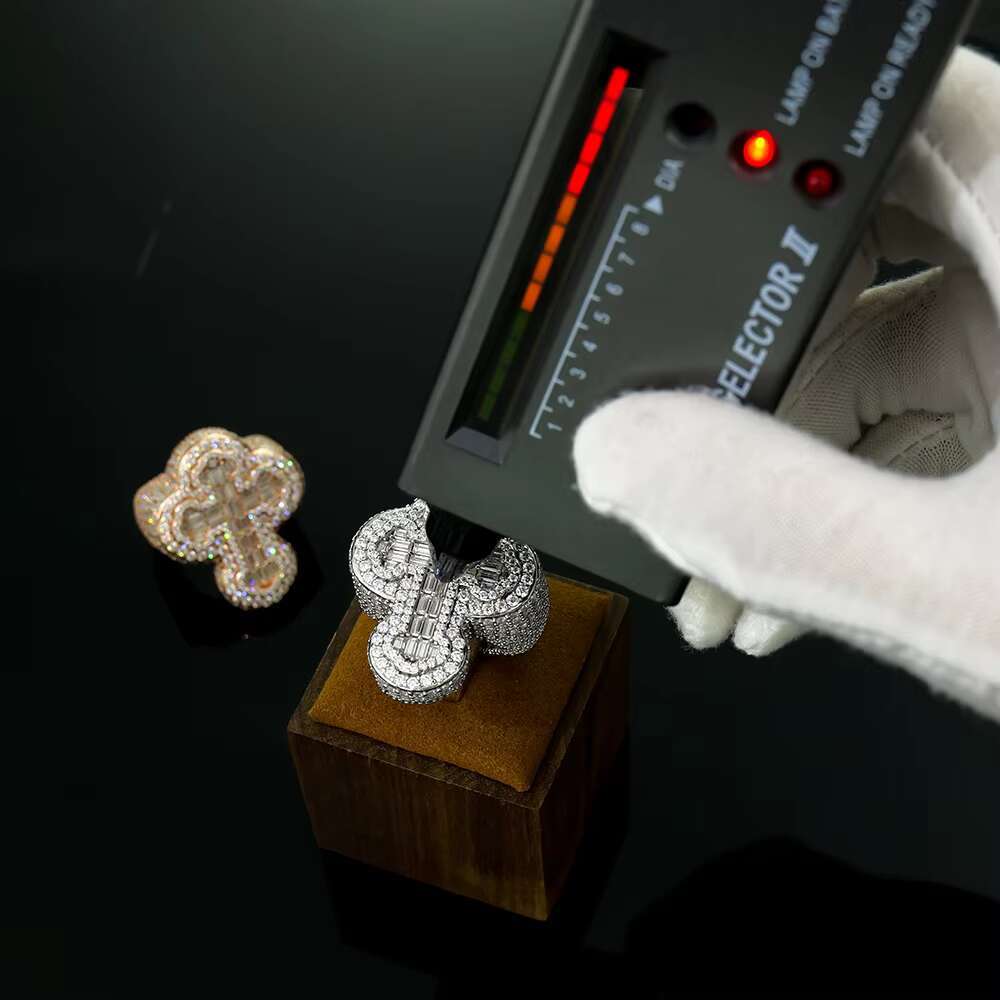 Mens Fully Iced Out 14K Gold Plated Hip Hop Rings Moissanite Ring for Men Punky Rapper Style Baguette Cross Pinky Ring
