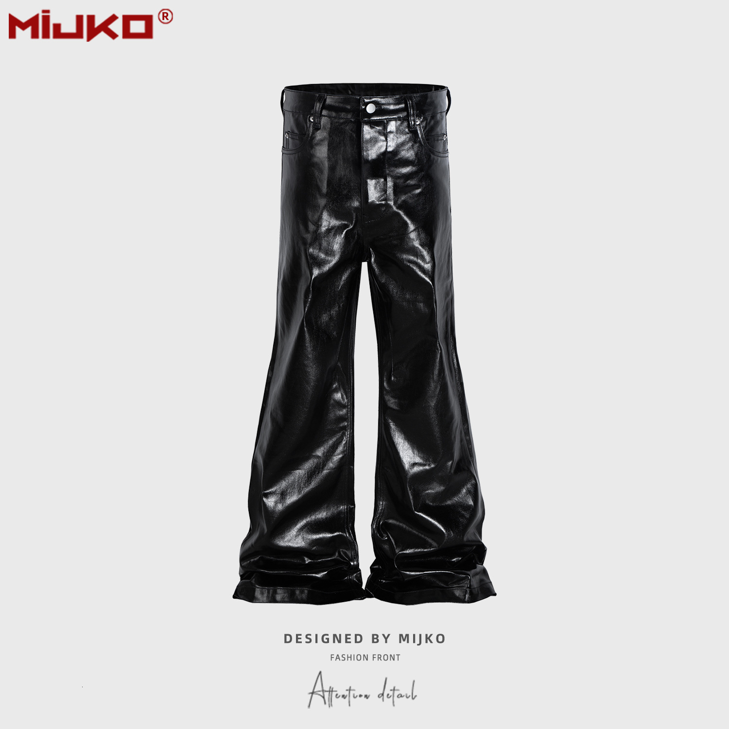 MIJKO Mens and Womens High Street Long Pants Unisex Wide-Leg Trendy Black Coated Glossy Patent Leather Flared Jeans 250901
