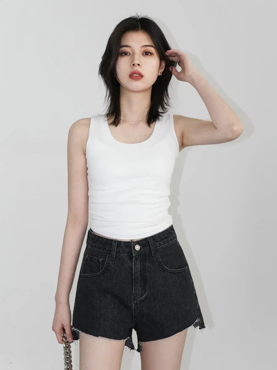 CHIC VEN Womens Shorts Black Solid High Waist Asymmetric Hem Womens Love Fur Edge Denim Shorts Summer 250418