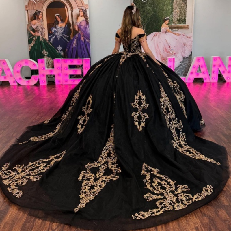 Black Quinceanera Dresses Off Shoulder Ball Gown Sweet 16 Dress Gold Applique Lace Birthday Party Vestidos 15 De Anos