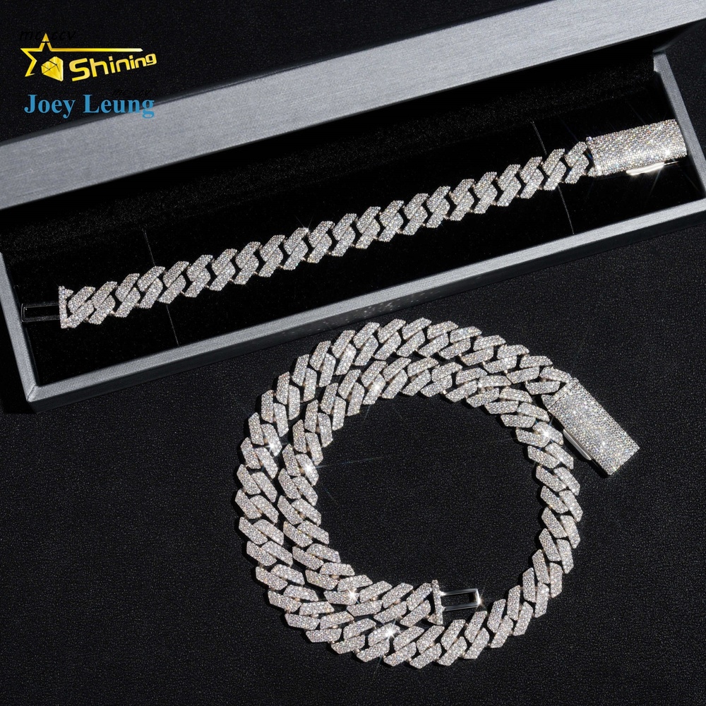 Hip Hop Style 13mm Width 3 Rows Cuban Necklace 925 Silver Iced Out Diamond Bracelet Vvs Moissanite Cuban Link Chain