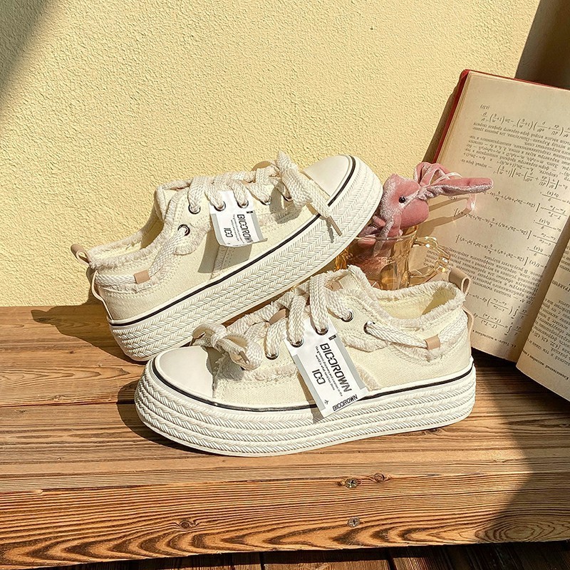 Baikuang 2022 New Autumn Small Fragrance Style Canvas Shoes for Women Low-top Korean Version Versatile Thick-soled Height-increasing White Shoes Trend
