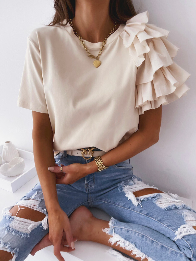 2021 summer simple fashion Ruffle short sleeve round neck womens T-shirt