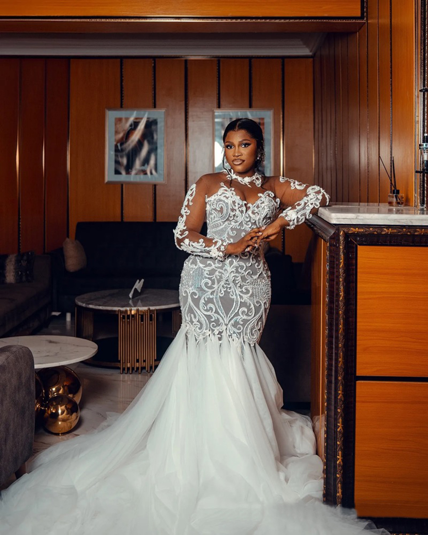 2025 Plus Size Wedding Dress Bridal Gowns For Bride Mermaid High Neck Long Sleeves Illusion Tiered Tulle Church Beaded Lace Wedding Gowns For Black Wo