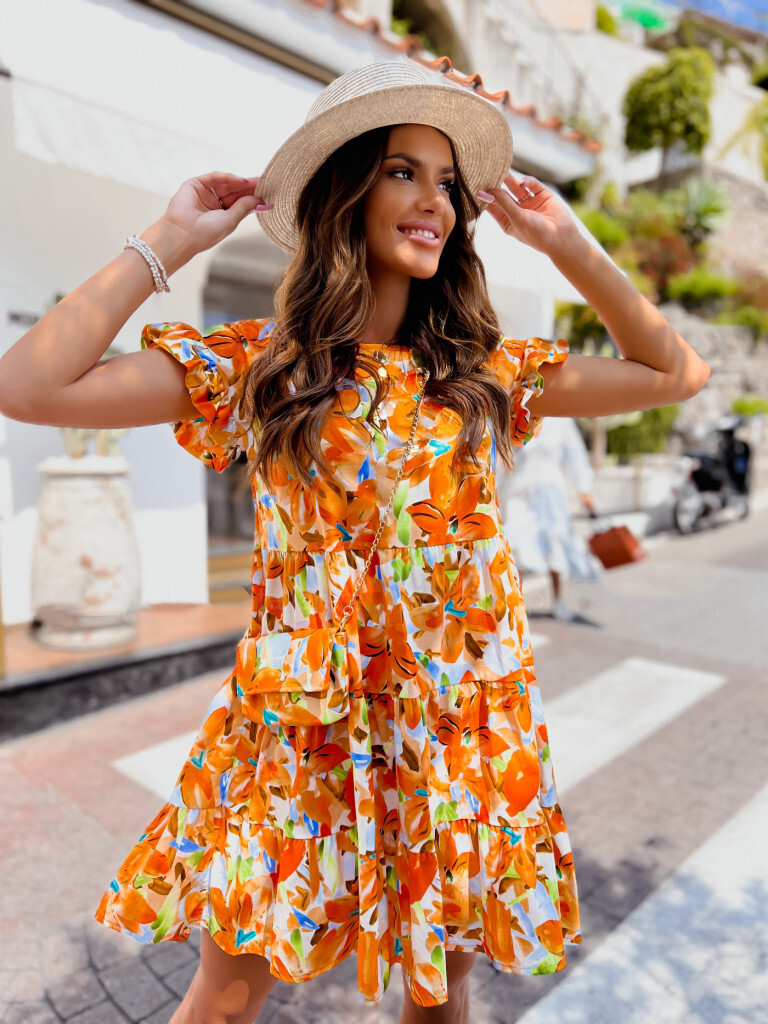 2022 summer flare sleeve crew neck print cropped hem dress