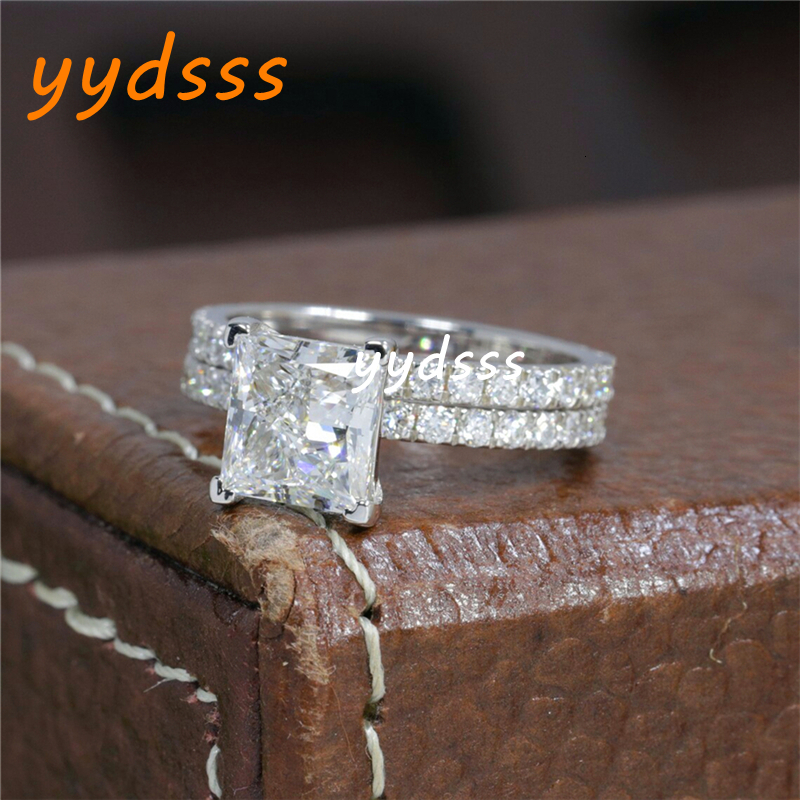 Jewelry 14K White Solid Gold Princess Cut 2.0 Carat Lab Diamond Engagement Ring Set Real Gold Ring Eternity Band For Wedding Gift