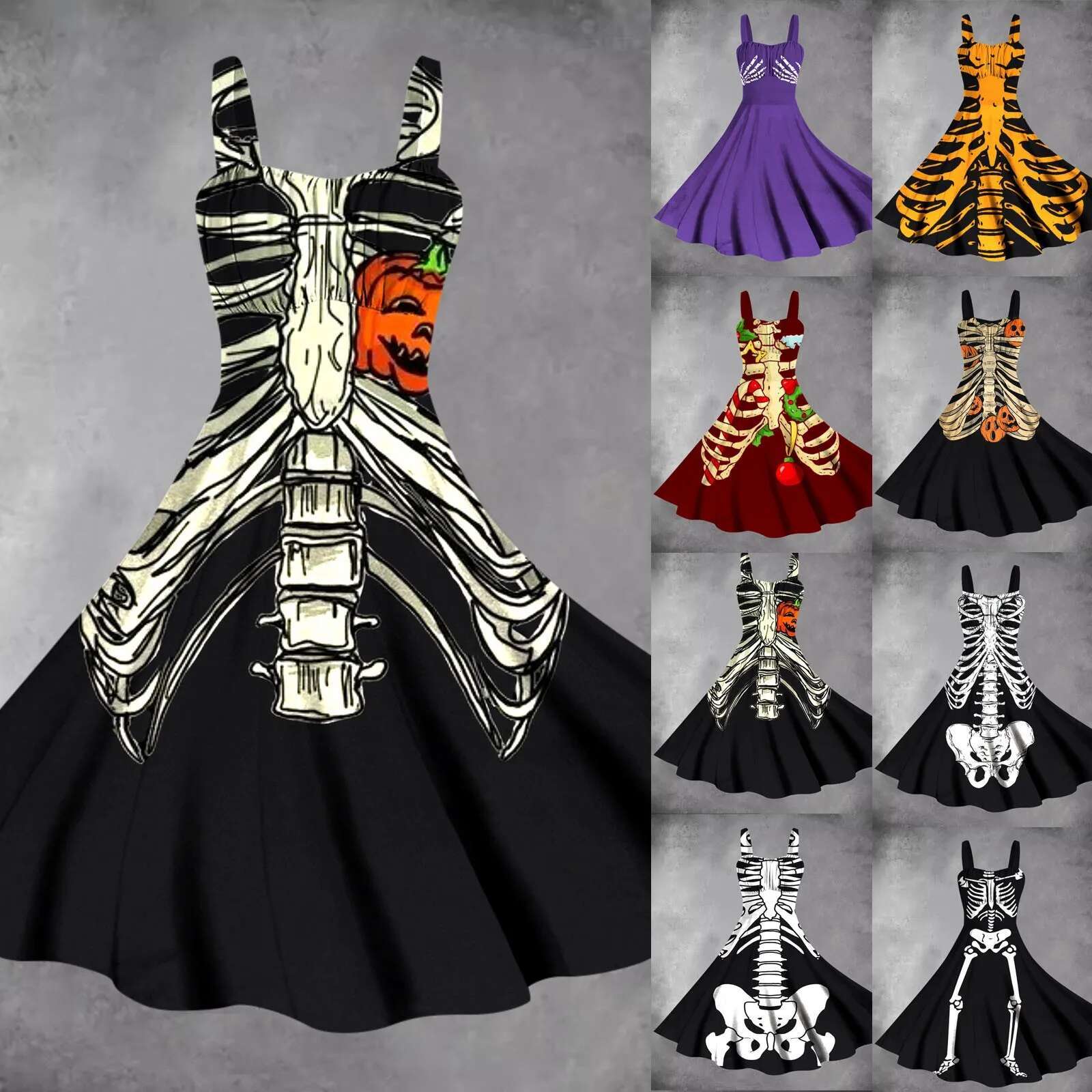 Dongdumaoyi Halloween Costumes For Women Skull Print Flared Dress Sleeveless Tunic Cocktail Vintage Party Dresses Masquerade Vestidos