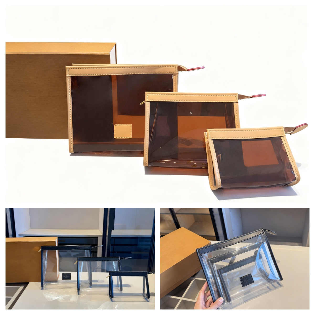 Luxury Jelly Makeup Bag Designer Clutch Set 3-Piece PVC Clear Storage Bag Travel Waterproof Toiletry Bag Women's Zippered Wallet Beauty Cosmetics Storage Pouch