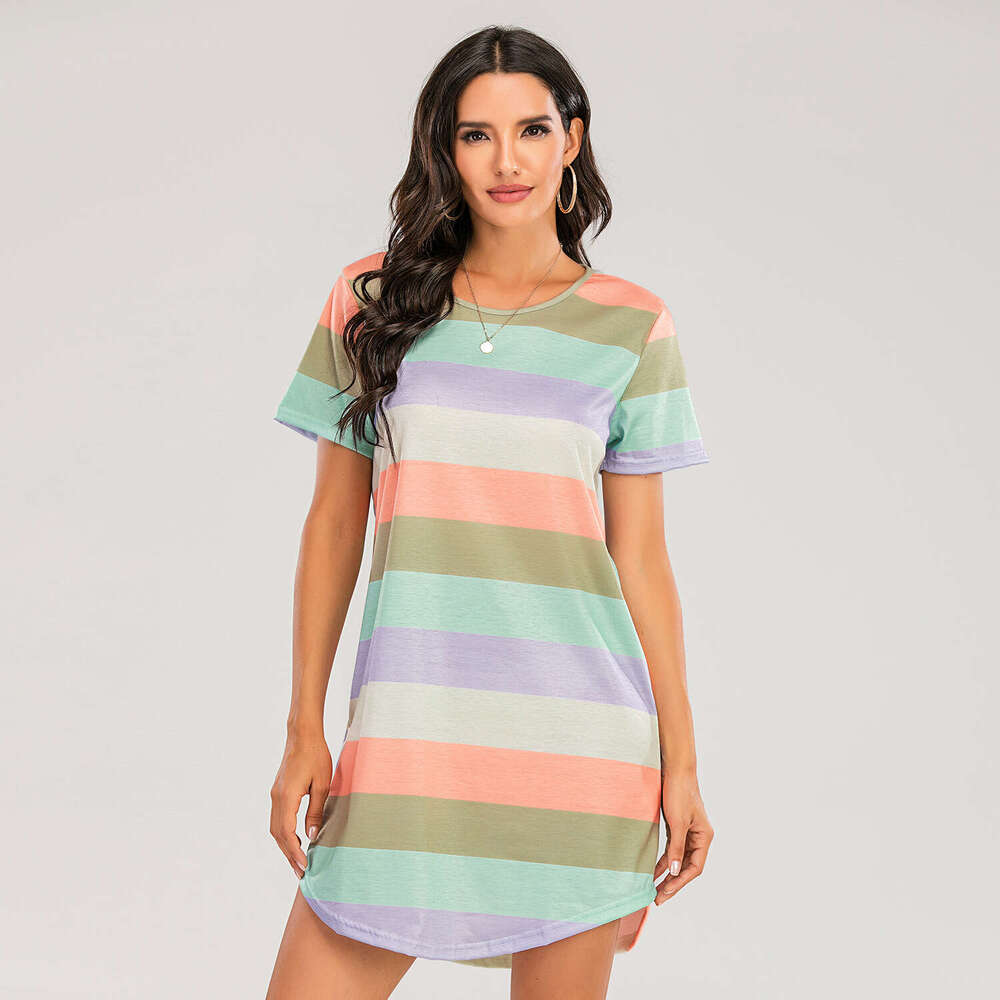 European American spring and summer short sleeved rainbow striped loose T-shirt pama dress plus size 2025 new casual versatile fashion clothing