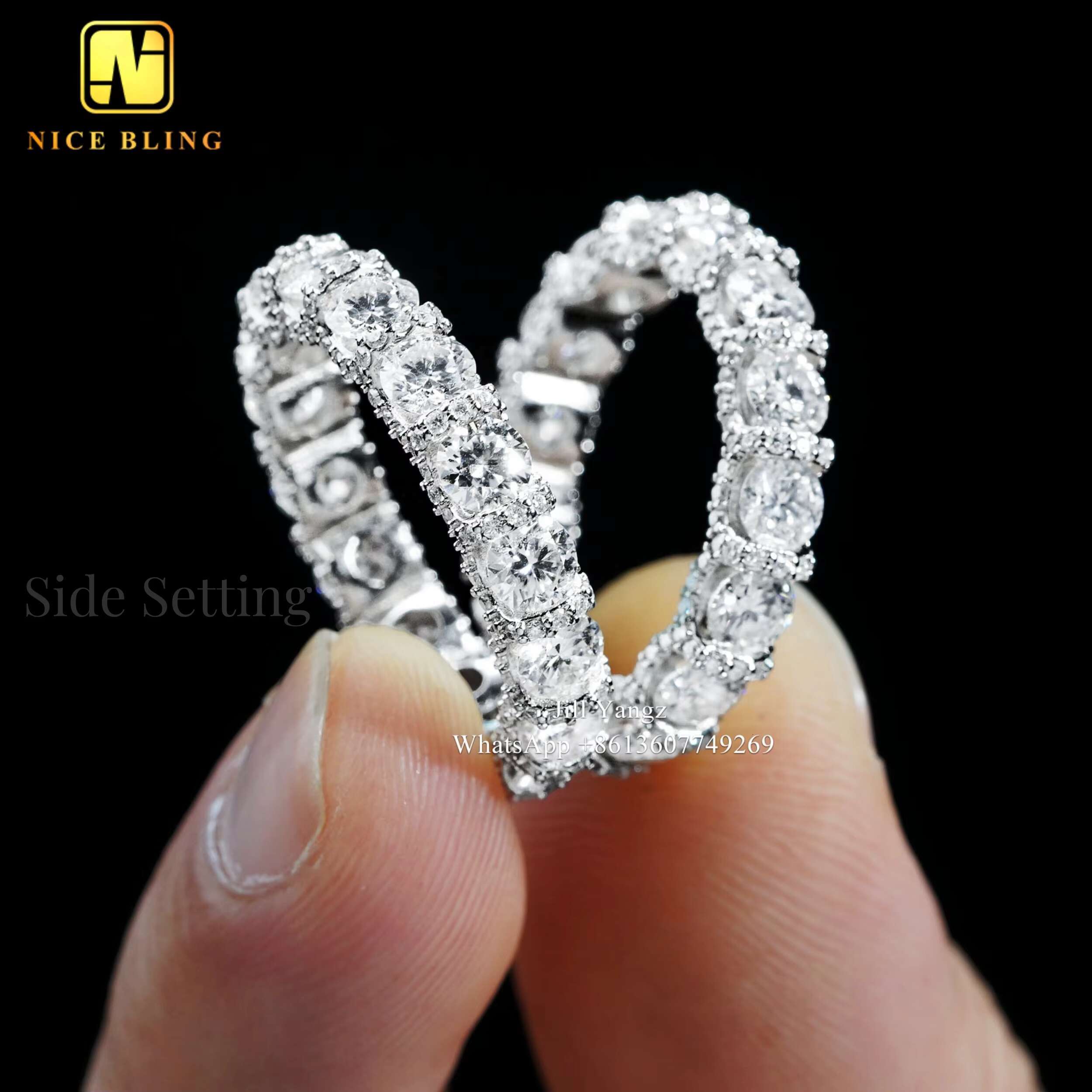 Side Setting Band Ring Vvs Moissanite 925 Sterling Silver Rings for Men Hip Hop Rock Fine Jewelry