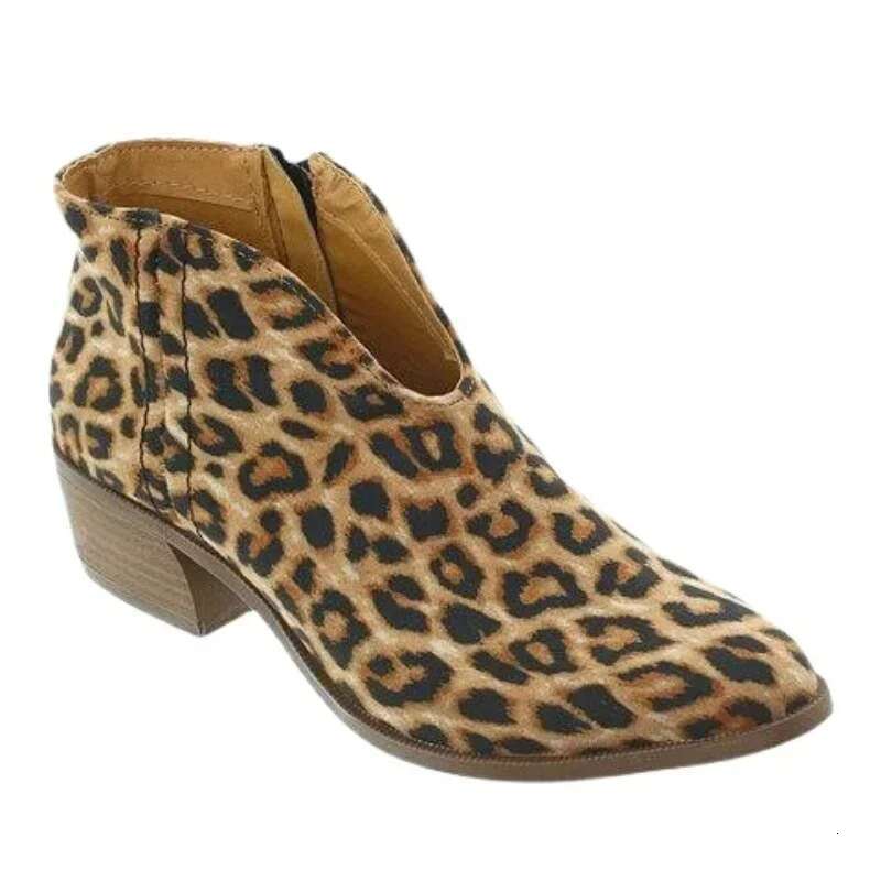 Plus Size New Ladies Leopard Print Heel Women Fashion Thick Sole Warm Ankle Boots Retro Botas Femininas