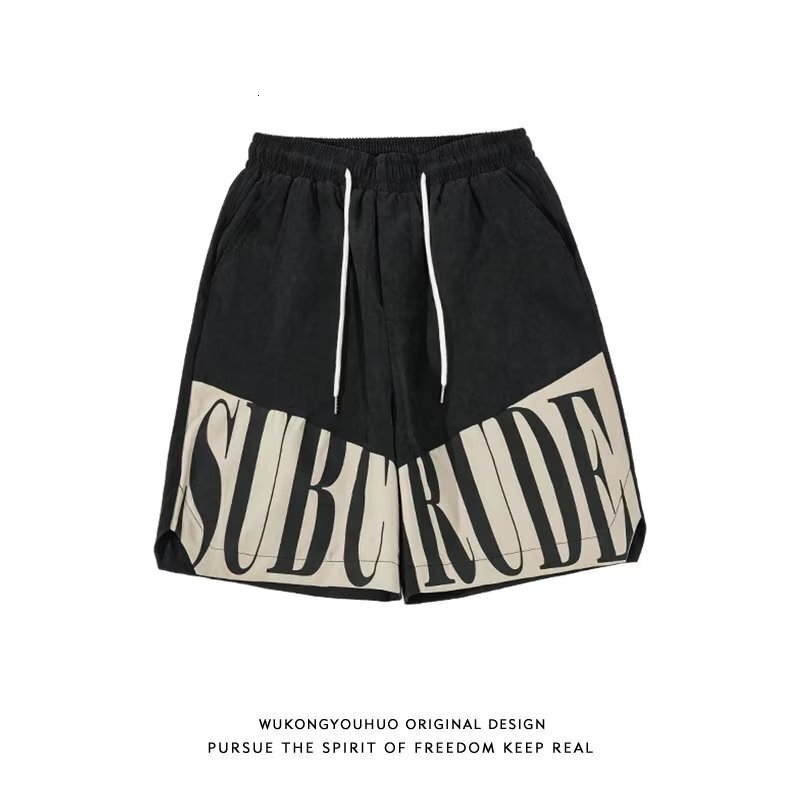 American style high street patchwork letter printed casual shorts for men's summer loose and breathable running sports capris