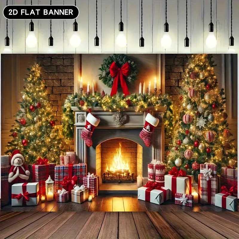 Vintage Fireplace Christmas TapestryDecorated Tree with Gifts SceneFestive Wall Art Indoor Outdoor Holiday Photo BackgroundM251125
