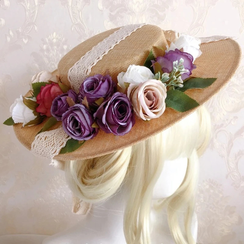 Summer Girl Lolita Hat Fashion Tea Party Hat Outdoor Sunscreen Flower Decor Sunshade Flat Hat Summer Beach Vacation Supplies 250420