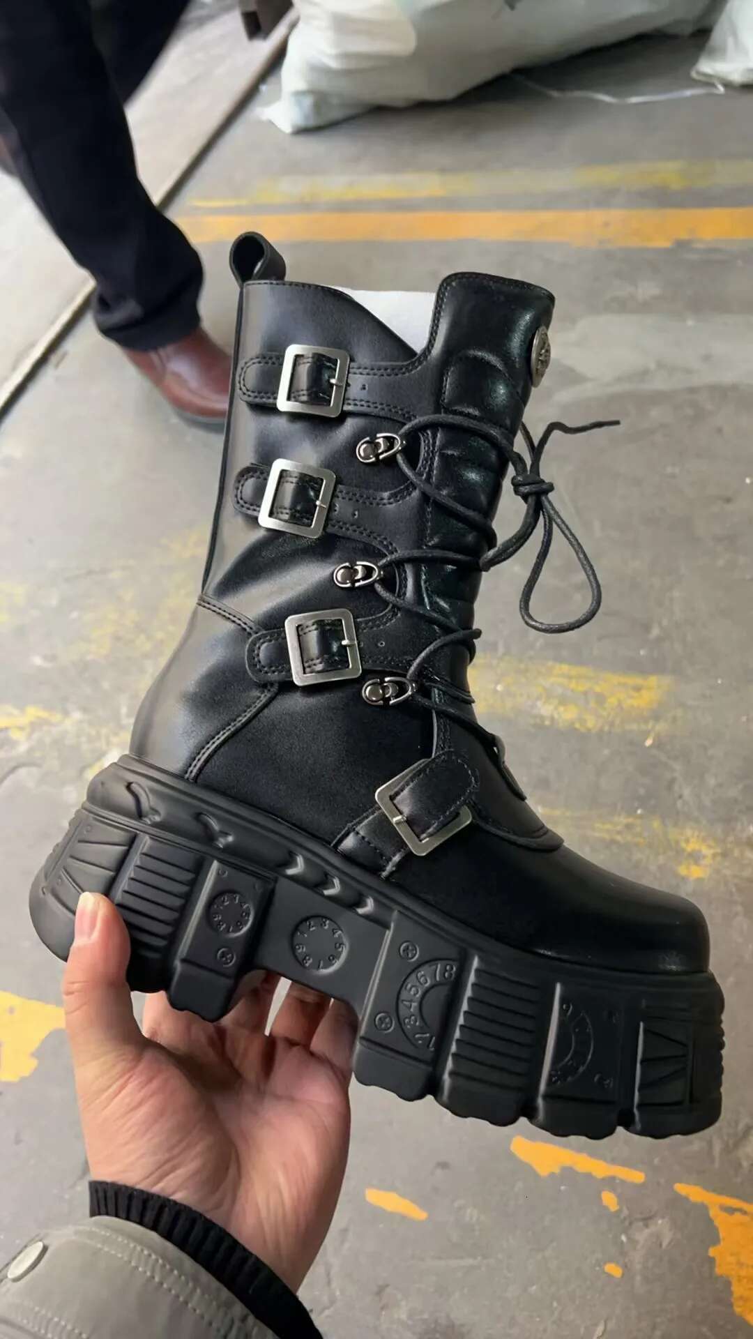 Spanish Punk Rocker Above Ankle Motorcycle Metallic Flames Mid-Calf Thick Platform Boots For Men And Women