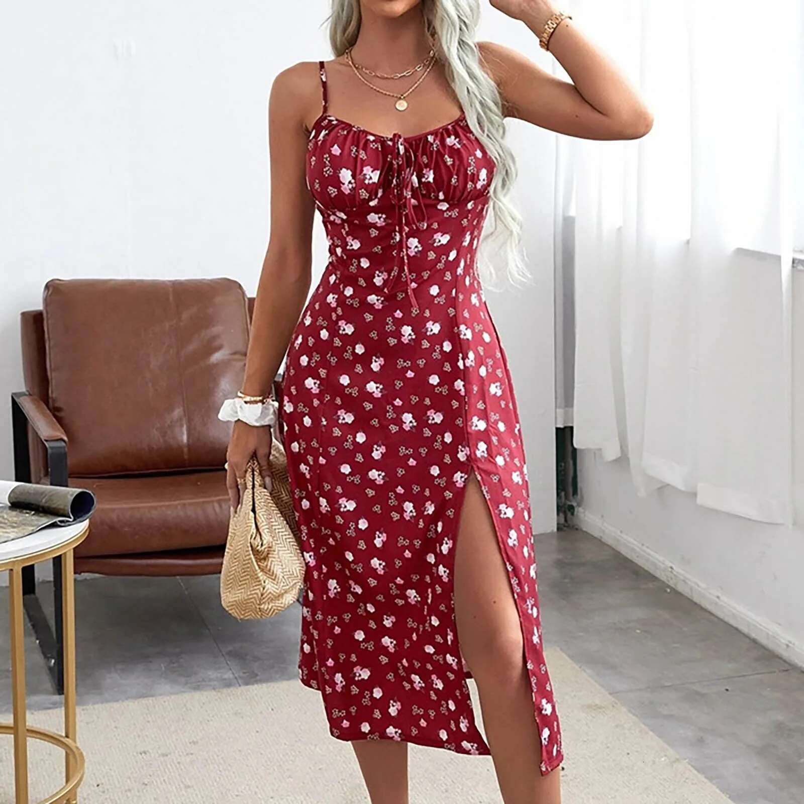 Dongdumaoyi Summer Spaghetti Strap Floral Print Dress Women Sleeveless Boho Slit Bandage Sling Outfits Party Sundress Vestidos