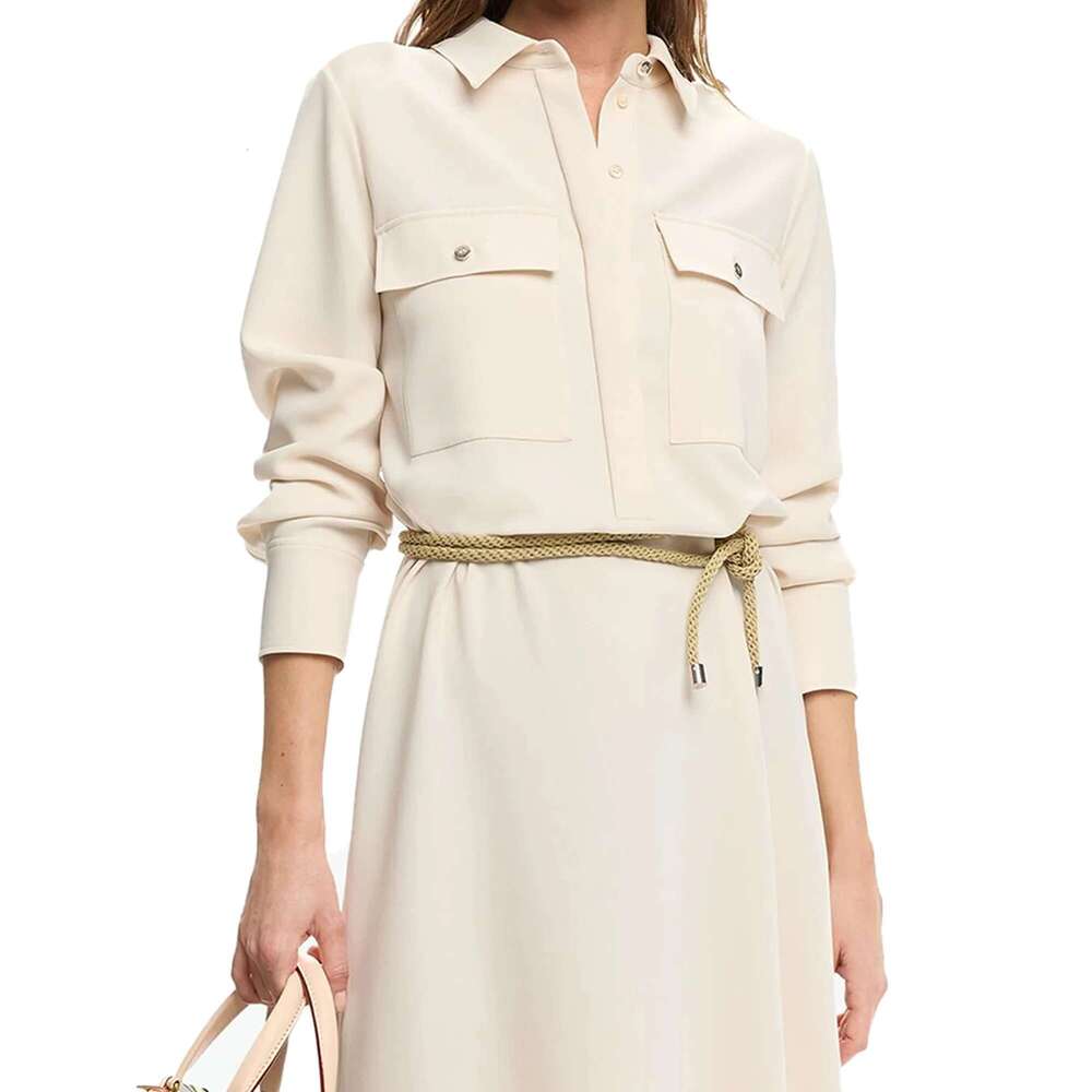 2025 Summer Elegant Lady Women Button Female Casual Solid Loose Long Sleeve Mid Length Dresses