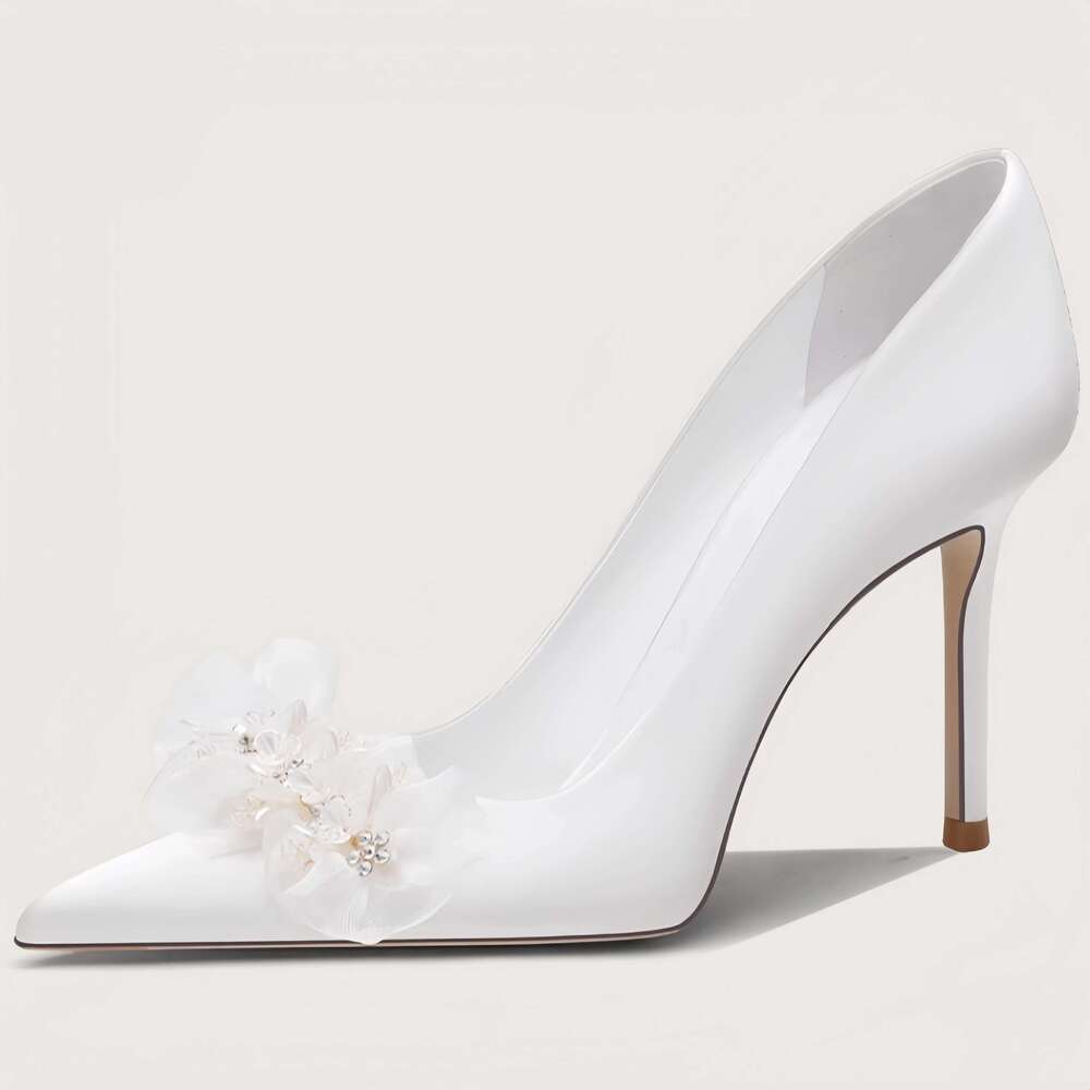 Spring and summer new pointed shallow satin crystal bride wedding thin high-heeled banquet dress small size women's shoes